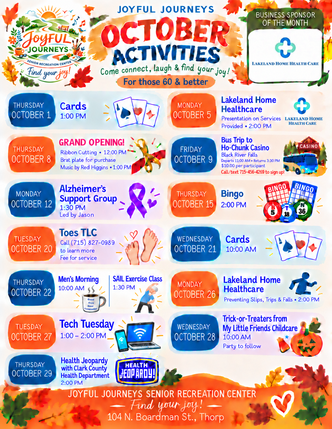 October 2026 Activities Calendar for Joyful Journeys Senior Recreation Center